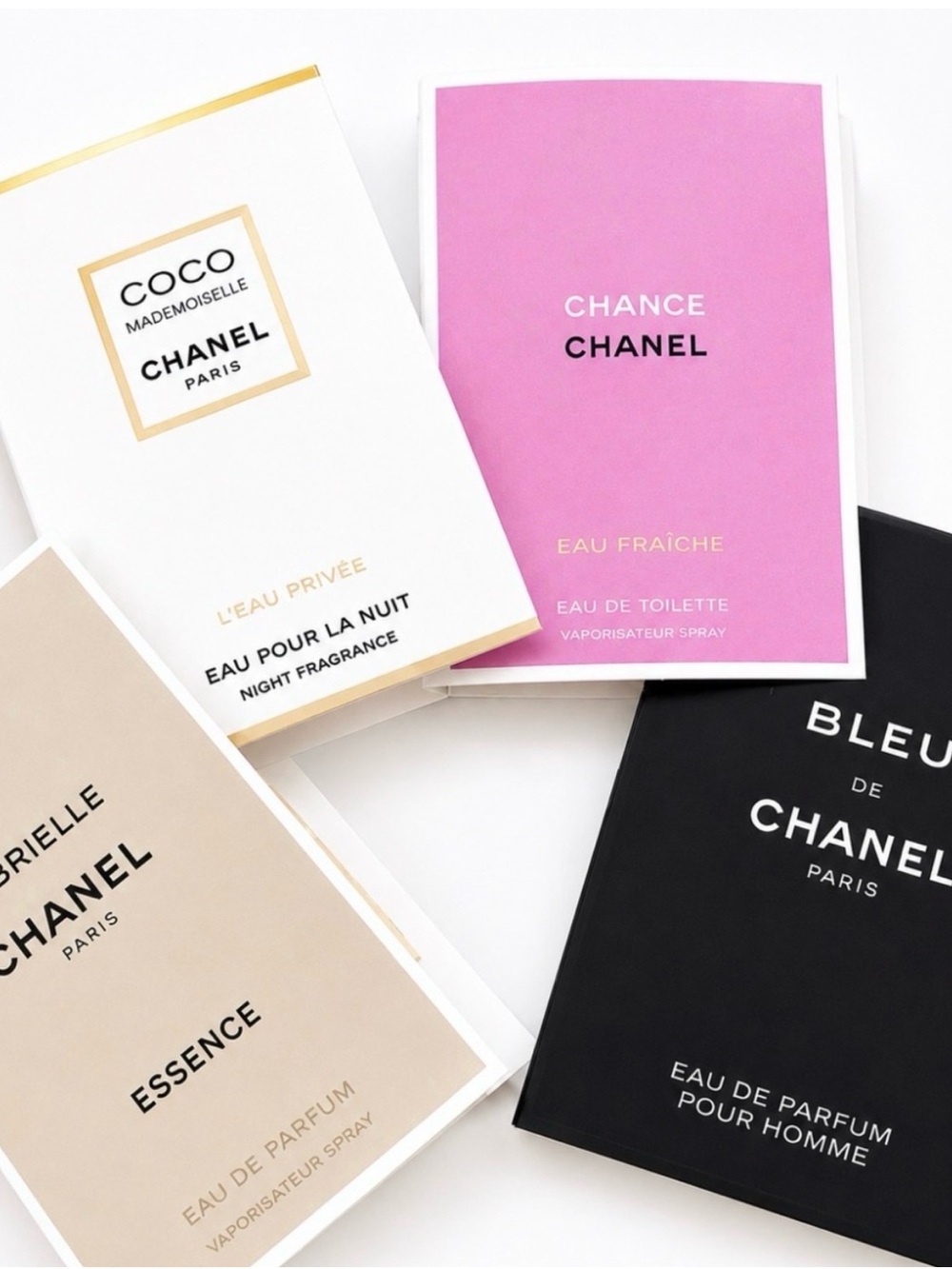 CHANEL Perfume Sample Set
4pc Chance Coco
Mademoiselle Gabrielle Bleu